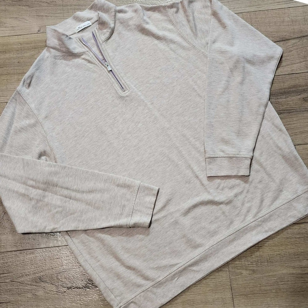 Peter Millar Mens Quarter Zip Pullover Heather Tan Purple Trim Mock Neck XL